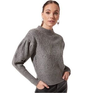 Astr The Label Gray Cable Knit Puff Sleeve Sweater